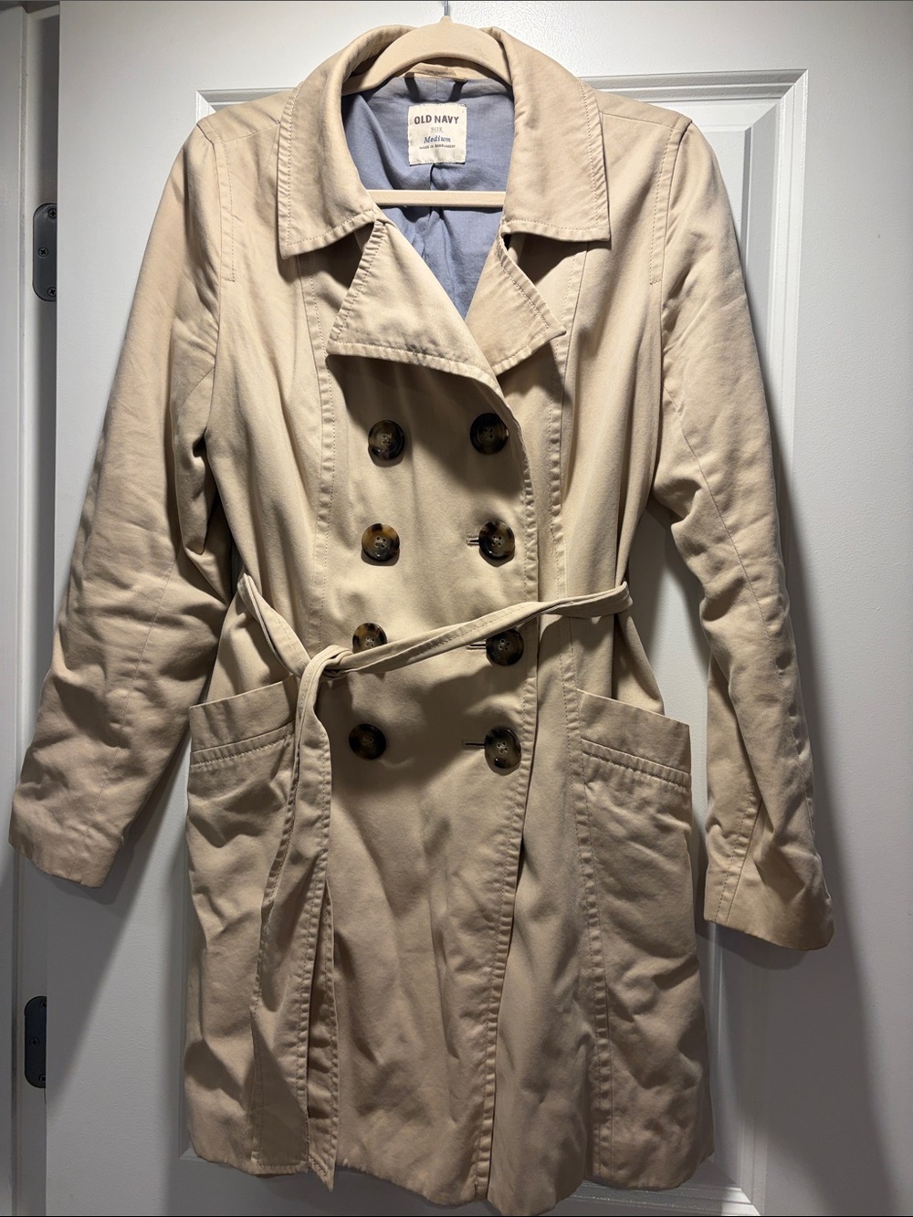 Old Navy Women's Light Beige Double-Breasted Trench with Waist Tie